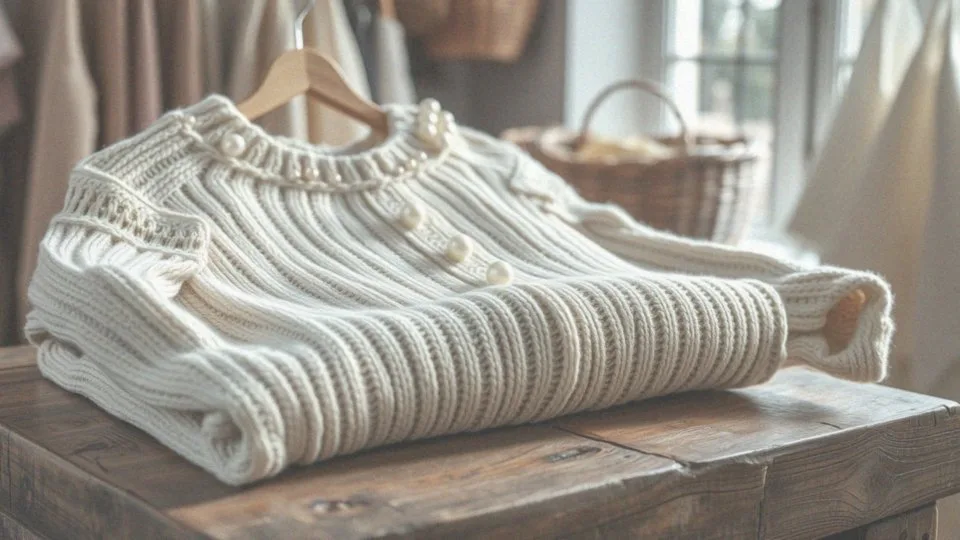 Czym charakteryzują się swetry z perełkami i ażurowymi zdobieniami na wyprzedaży?